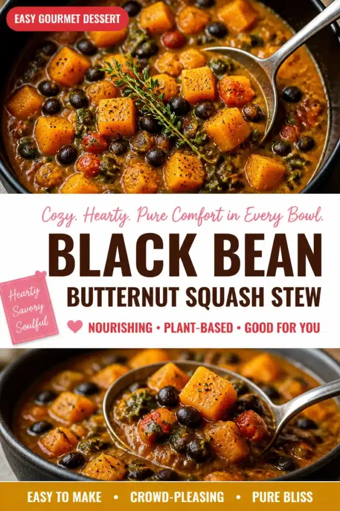 Bowl of butternut squash and black bean stew garnished with herbs