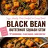 Bowl of butternut squash and black bean stew garnished with herbs