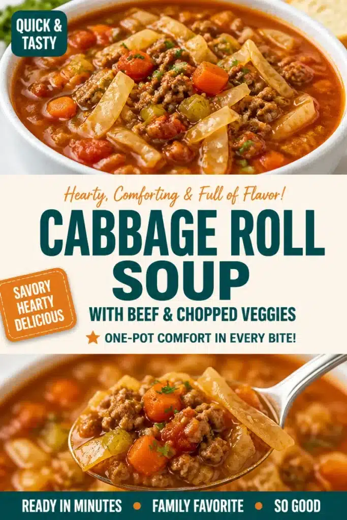 Delicious Cabbage Roll Soup with beef and chopped vegetables in a bowl