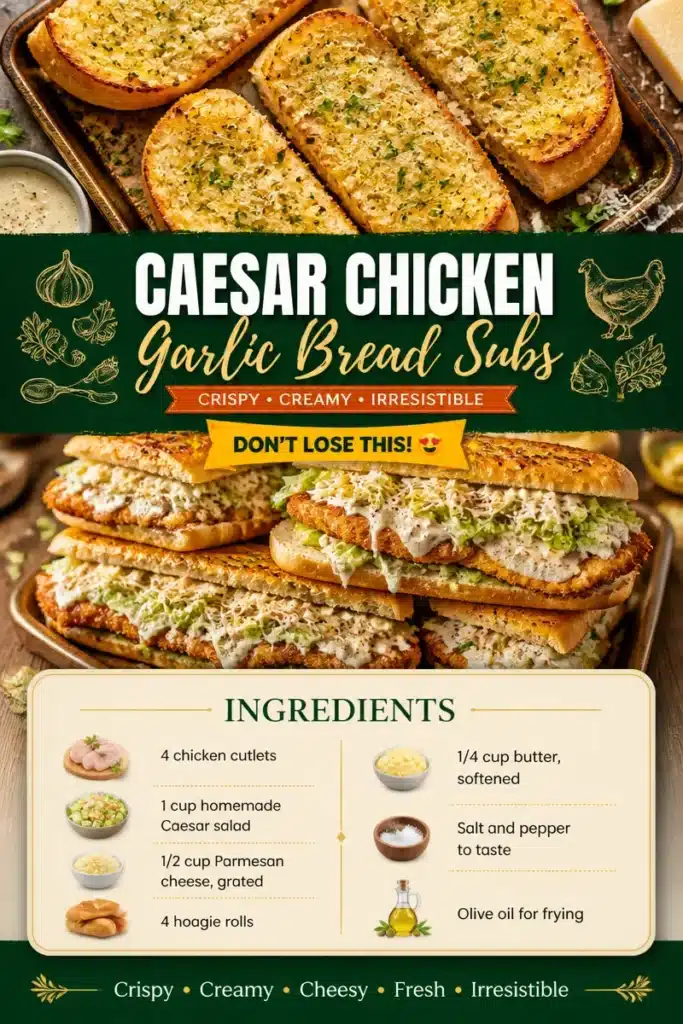 Delicious Caesar Chicken Subs served on garlic bread with fresh toppings