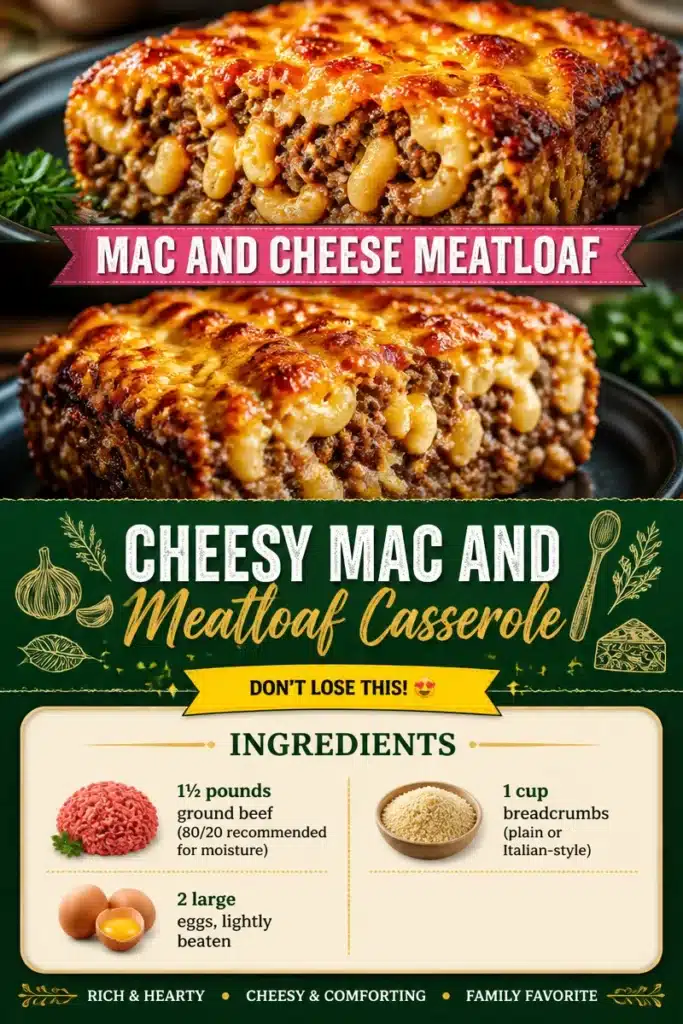Cheesy Mac and Meatloaf Casserole in a baking dish, ready to serve.
