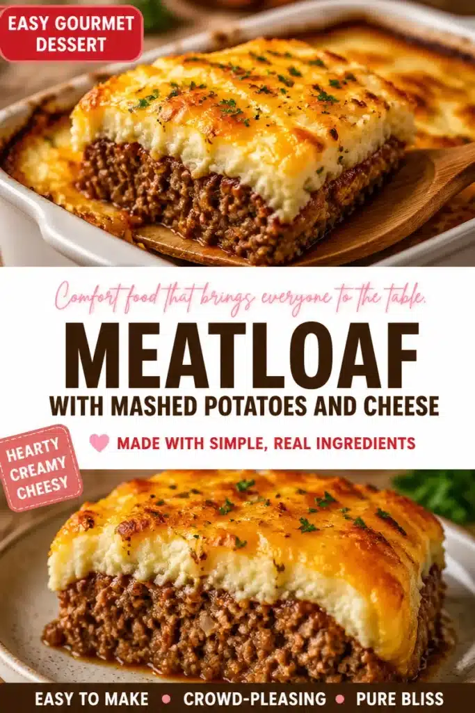 Cheesy meatloaf served with creamy mashed potatoes on a plate
