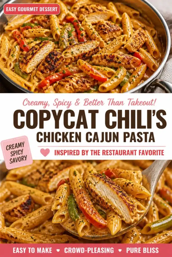 Chili's-style Cajun chicken pasta garnished with herbs and spices
