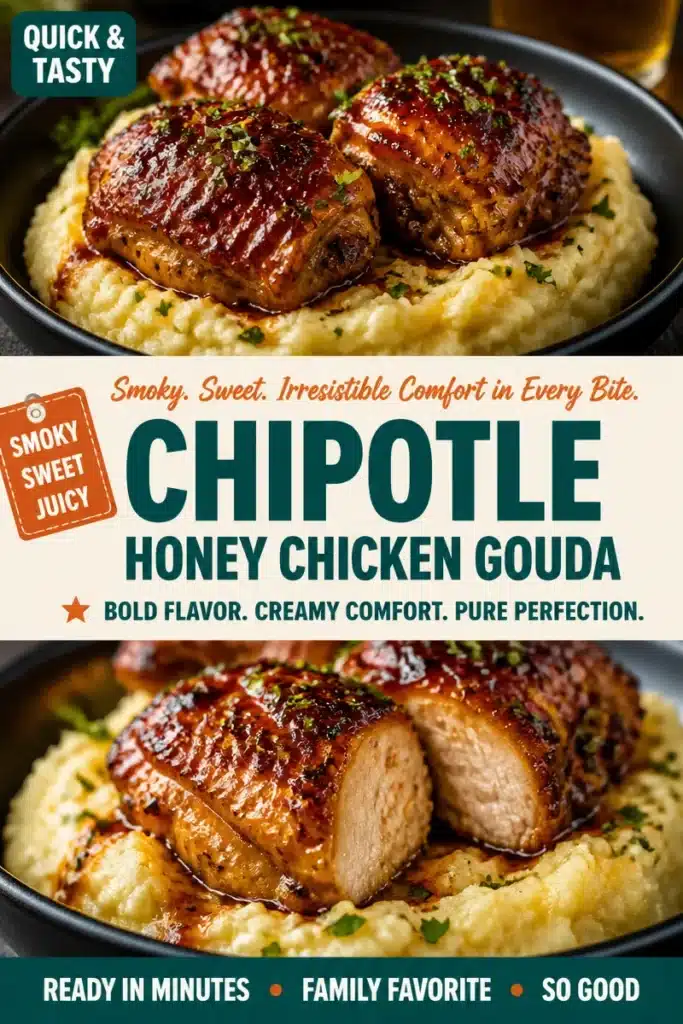 Chipotle honey-glazed chicken thighs plated with smoked gouda mashed potatoes