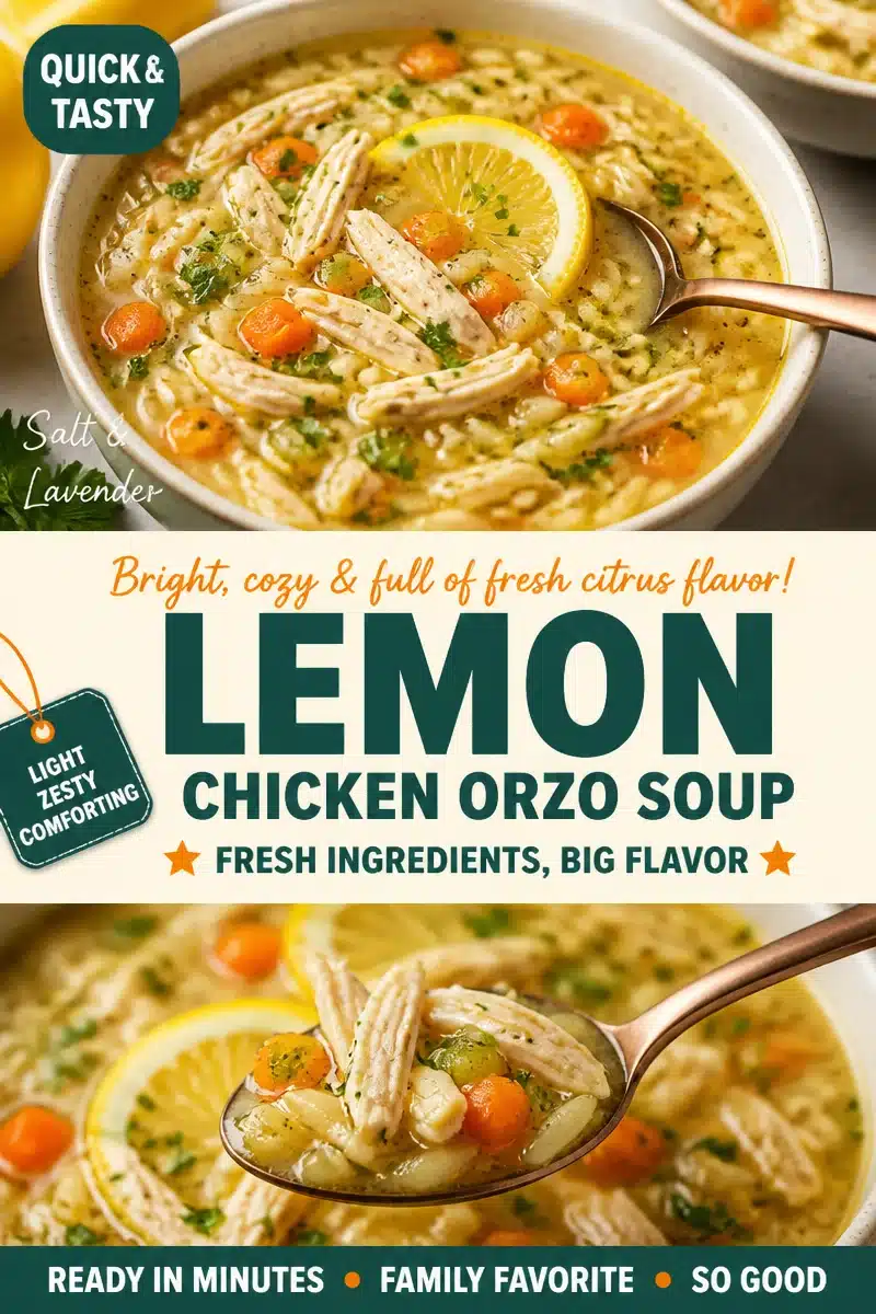 Bowl of Citrus Chicken Orzo Soup with colorful vegetables.