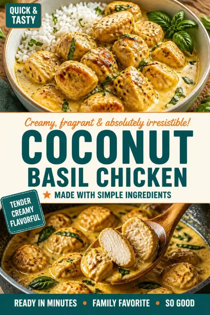 Savory Coconut Basil Chicken Curry served with rice and fresh herbs