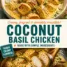 Savory Coconut Basil Chicken Curry served with rice and fresh herbs