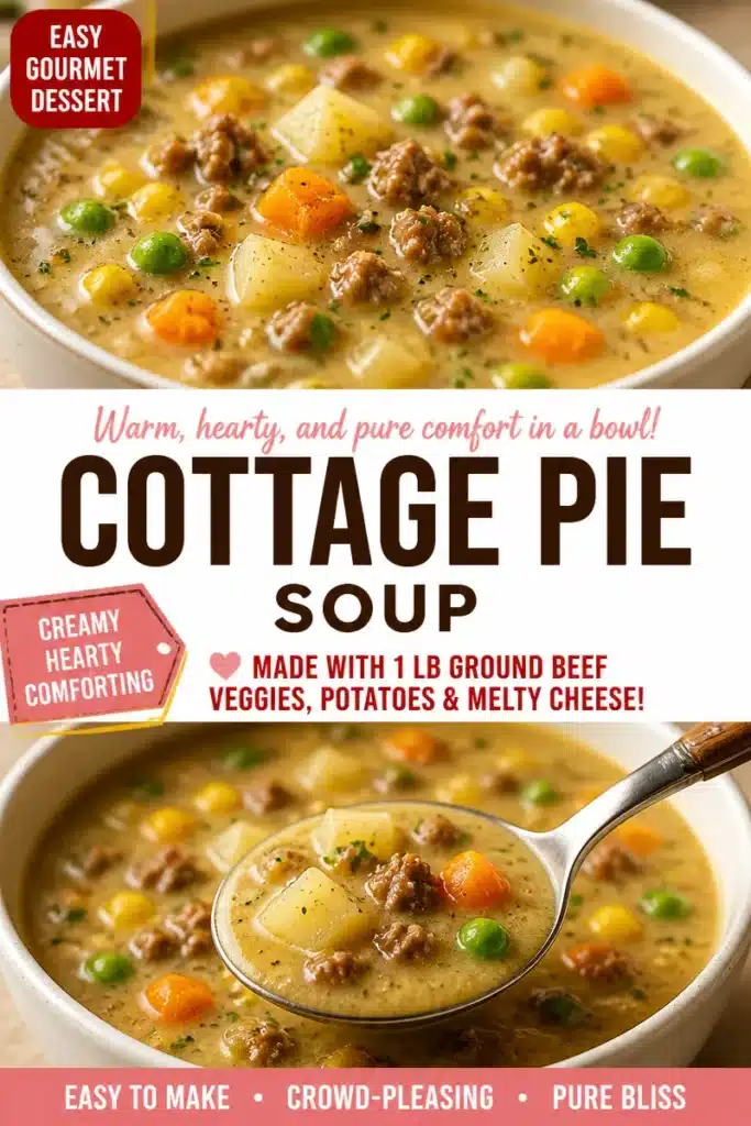 Bowl of delicious Cottage Pie Soup with vegetables and meat