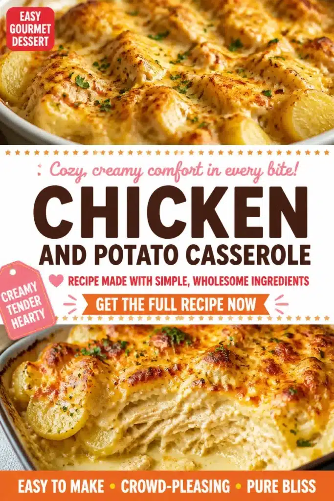Cozy Chicken and Potato Casserole topped with golden cheese and herbs in a baking dish.