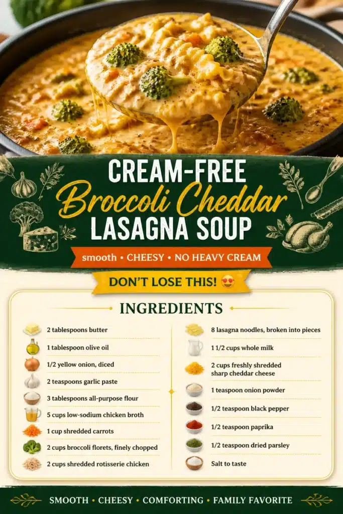 Bowl of cream-free broccoli cheddar lasagna soup garnished with herbs