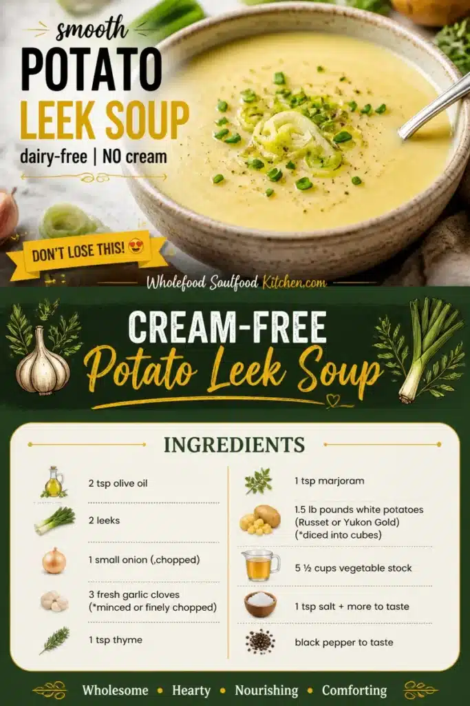 Bowl of creamy potato leek soup garnished with fresh herbs