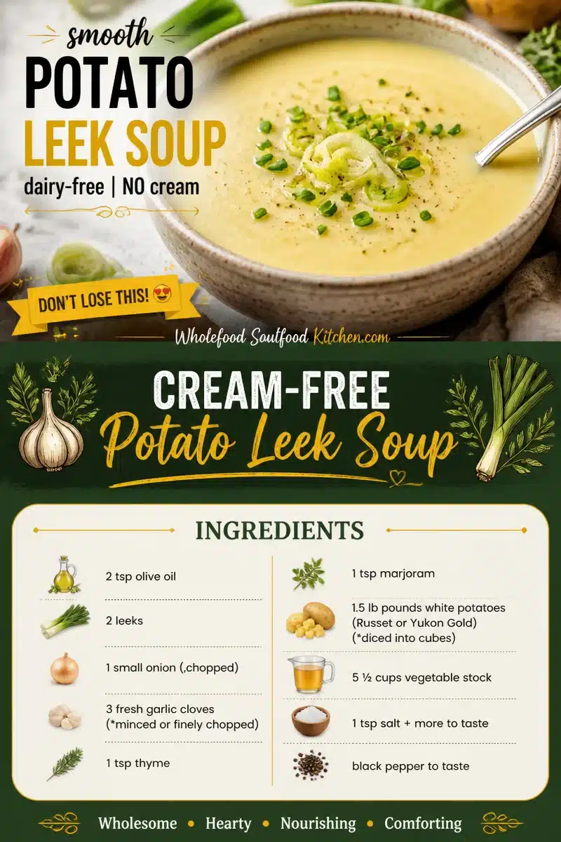 Bowl of creamy potato leek soup garnished with fresh herbs