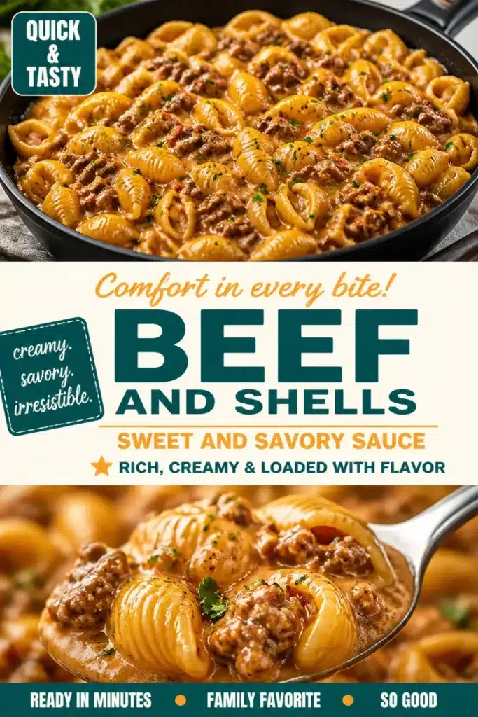 Creamy beef and shells pasta dish with sweet and savory sauce