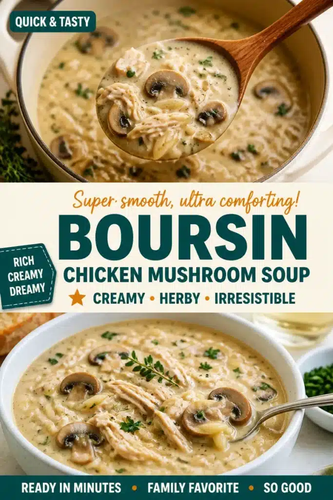 Creamy Boursin Chicken and Mushroom Soup ready in 30 minutes.