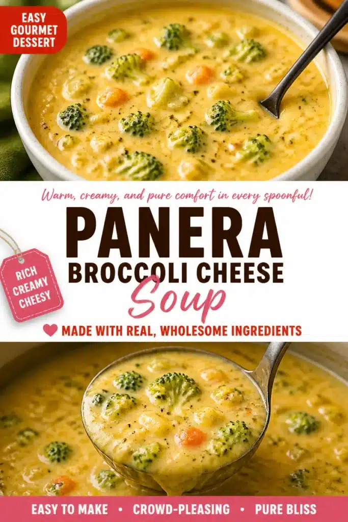 Bowl of creamy broccoli cheddar soup garnished with fresh broccoli and cheese