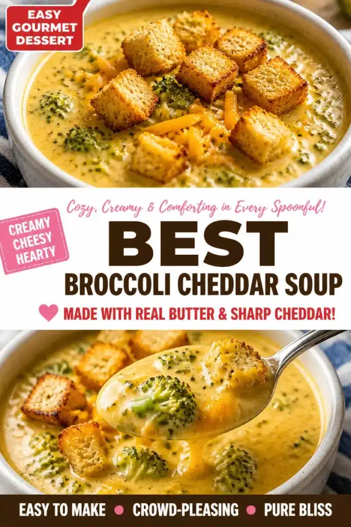 Creamy broccoli cheddar soup in a bowl garnished with fresh broccoli and cheese