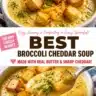 Creamy broccoli cheddar soup in a bowl garnished with fresh broccoli and cheese