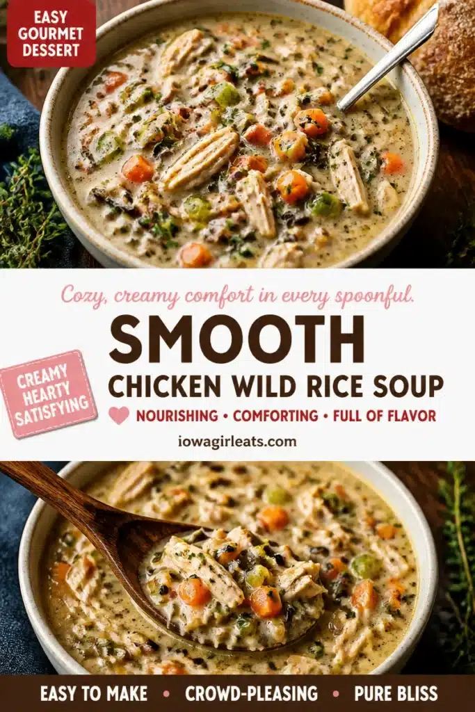 Bowl of creamy chicken and wild rice soup garnished with herbs
