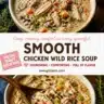Bowl of creamy chicken and wild rice soup garnished with herbs
