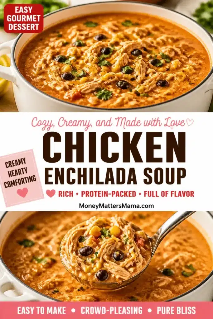 Bowl of creamy chicken enchilada soup garnished with cilantro and cheese.