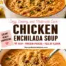 Bowl of creamy chicken enchilada soup garnished with cilantro and cheese.