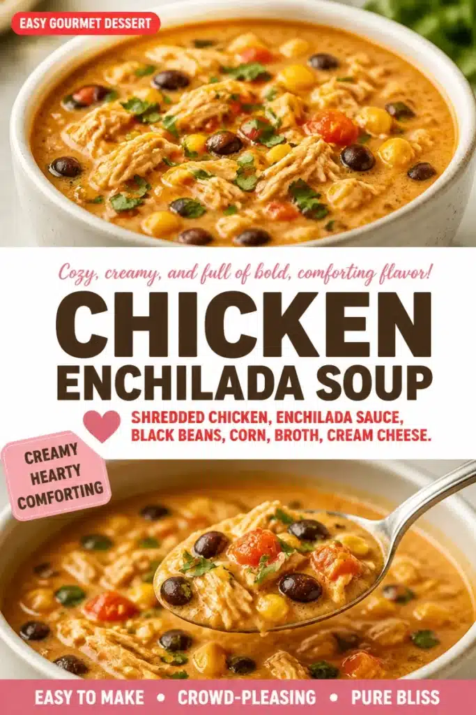 Bowl of creamy chicken enchilada soup topped with cilantro and cheese