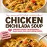 Bowl of creamy chicken enchilada soup topped with cilantro and cheese
