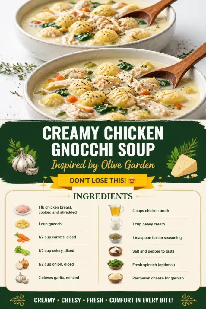 Creamy chicken gnocchi soup in a bowl, inspired by Olive Garden recipe.