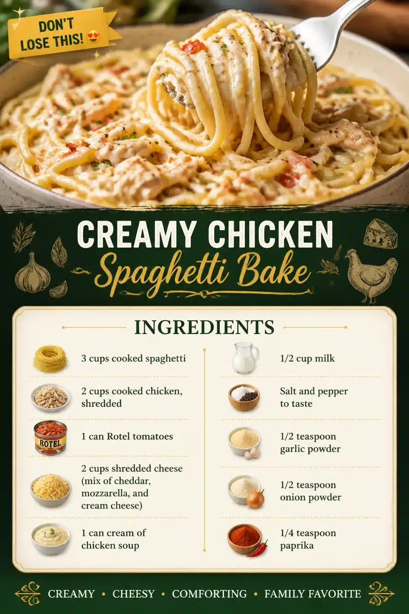 Creamy chicken spaghetti bake ready to serve in a casserole dish.
