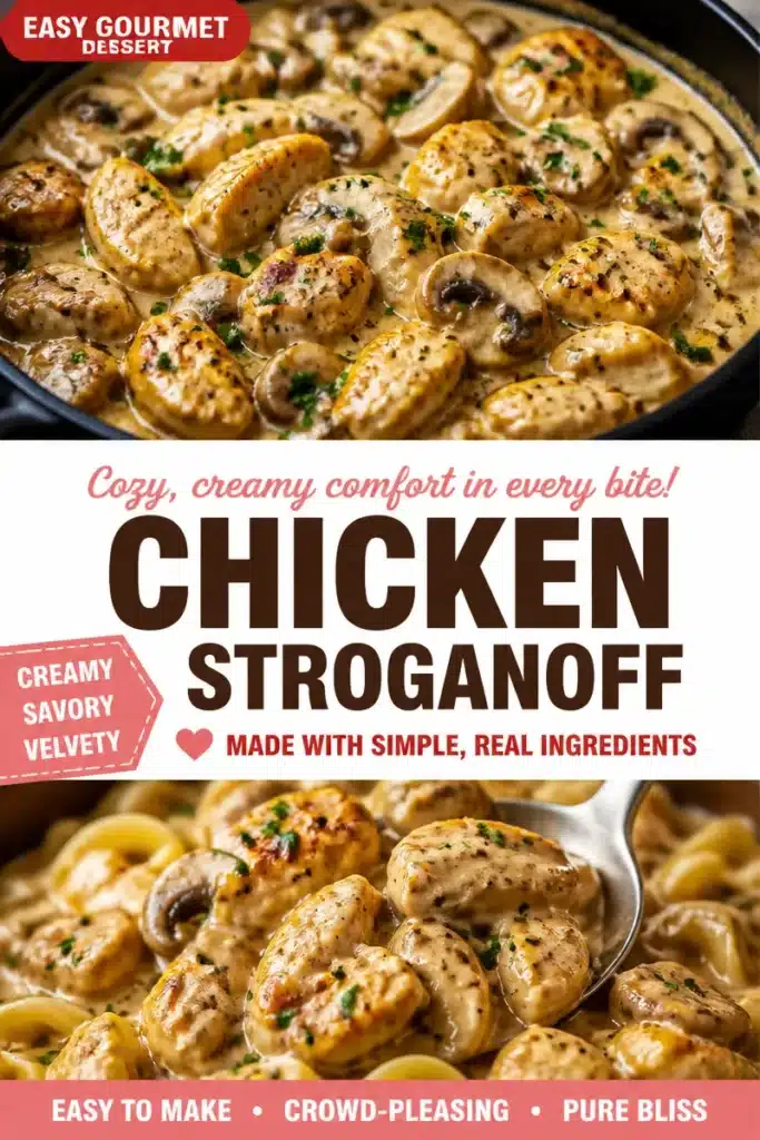 Creamy Chicken Stroganoff served with egg noodles and garnished with parsley
