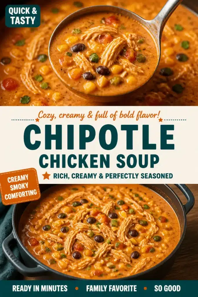 Bowl of creamy chipotle chicken soup with fresh ingredients and spices.