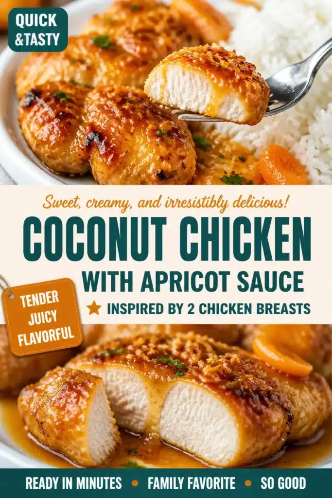 Creamy coconut chicken garnished with apricot sauce on a plate.