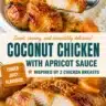 Creamy coconut chicken garnished with apricot sauce on a plate.