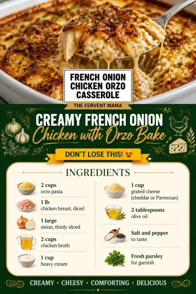 Creamy French Onion Chicken with Orzo Bake served in a casserole dish