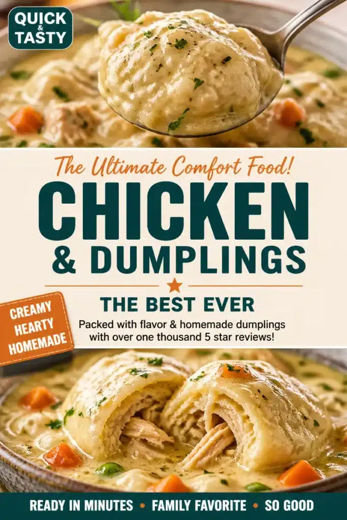 Creamy homemade chicken and dumplings served in a bowl