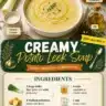 Bowl of creamy potato leek soup garnished with fresh herbs.