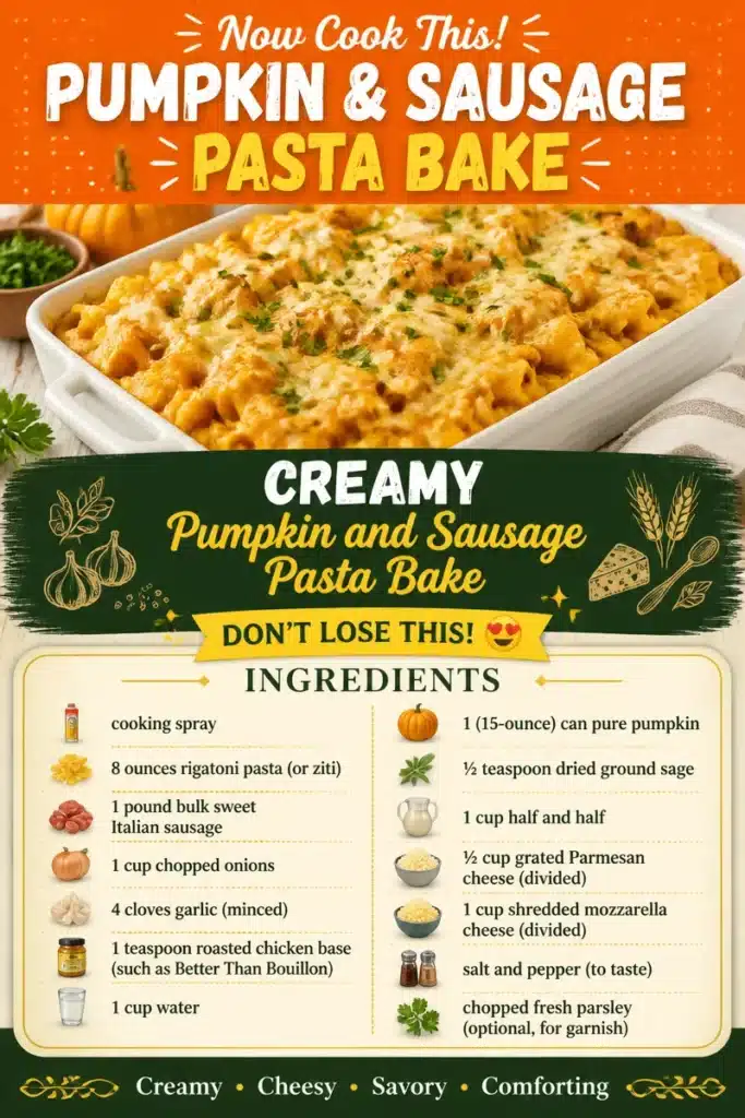 Creamy pumpkin sausage pasta bake topped with cheese and herbs