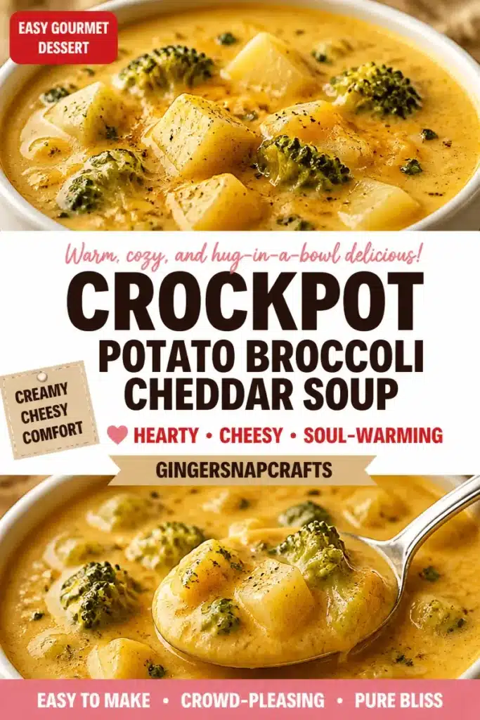 Bowl of creamy slow cooker potato, broccoli, and cheddar soup garnished with herbs
