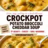 Bowl of creamy slow cooker potato, broccoli, and cheddar soup garnished with herbs