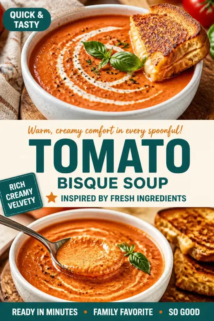 Bowl of creamy tomato bisque garnished with fresh herbs and croutons