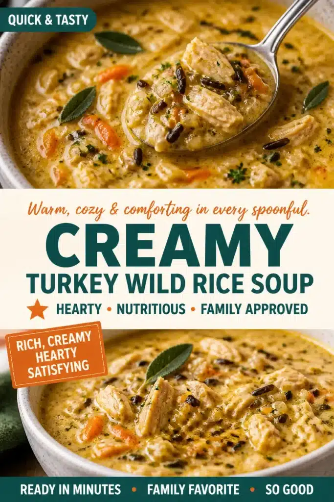 Creamy turkey wild rice soup in a bowl garnished with herbs