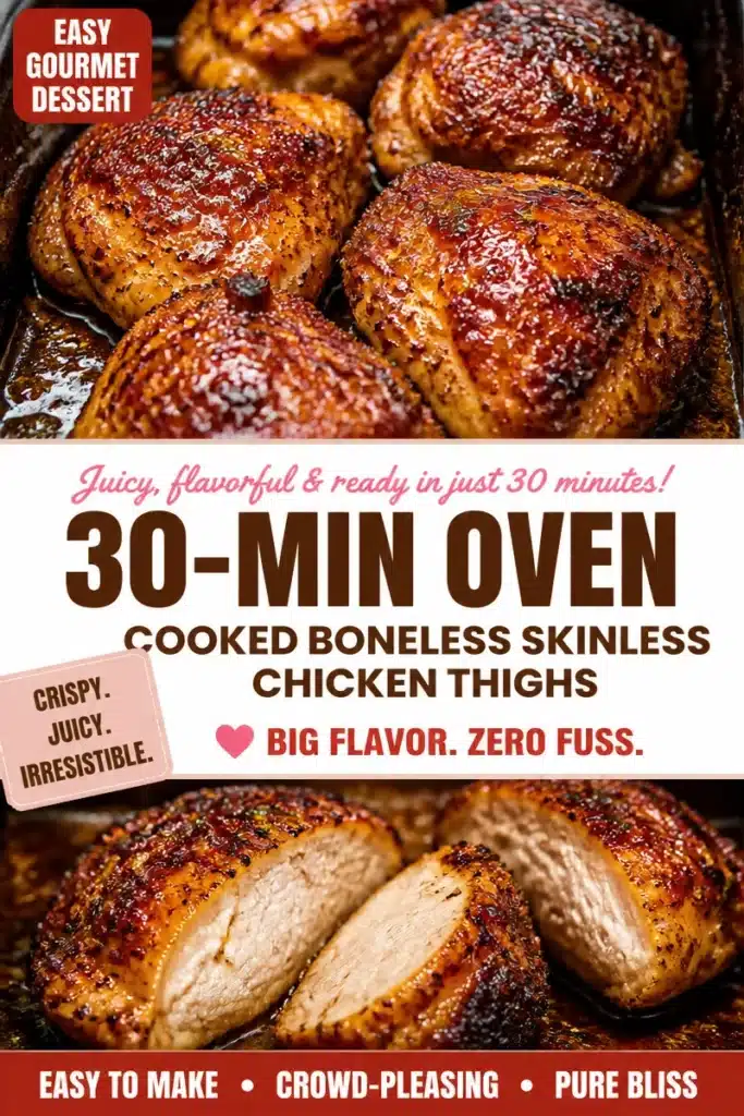 Crispy oven-baked chicken thighs served on a plate with herbs.