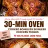 Crispy oven-baked chicken thighs served on a plate with herbs.