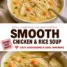 Bowl of creamy chicken and rice soup with herbs and vegetables