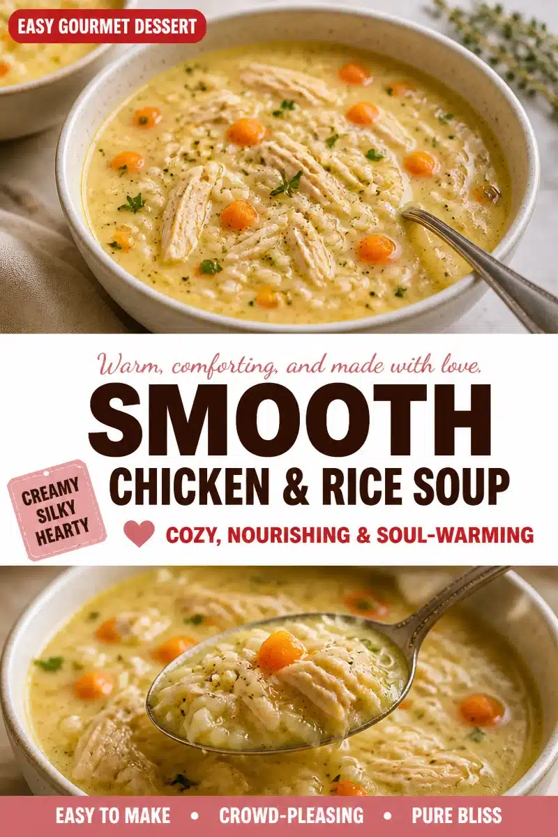Bowl of creamy chicken and rice soup with herbs and vegetables