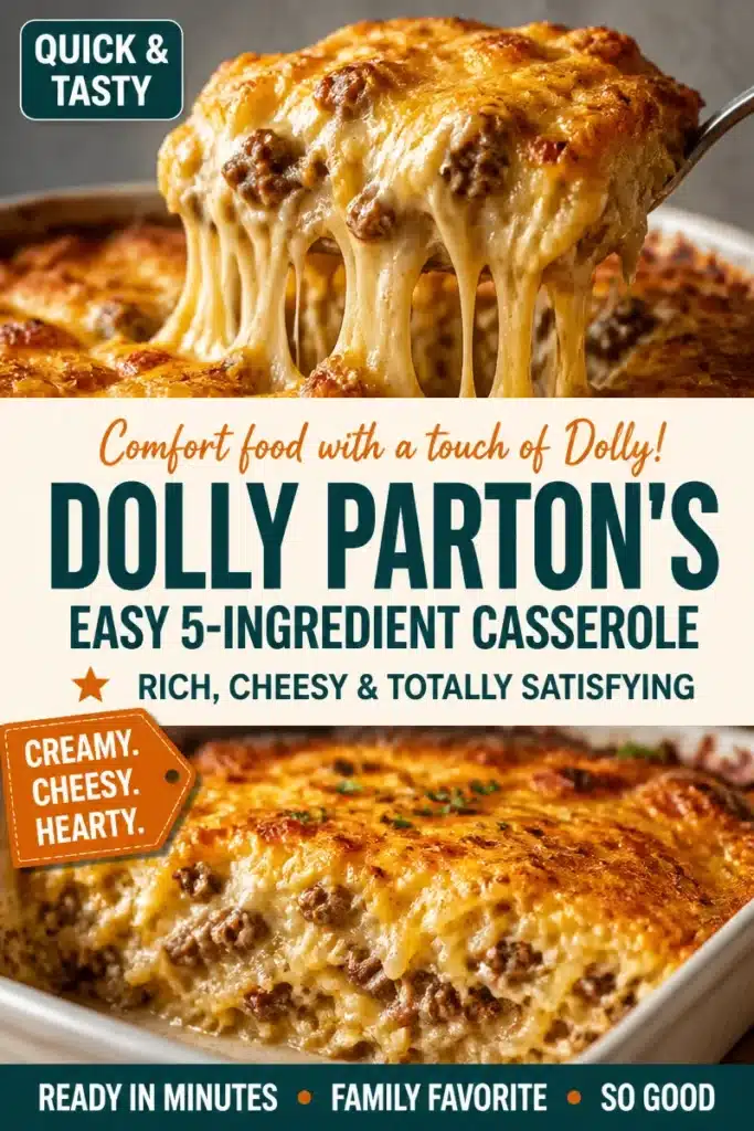 Dolly Parton's five-ingredient casserole dish on a rustic wooden table.