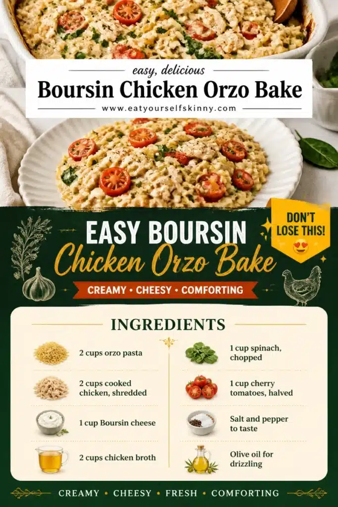 Easy Boursin Chicken orzo bake recipe with creamy cheese and pasta.