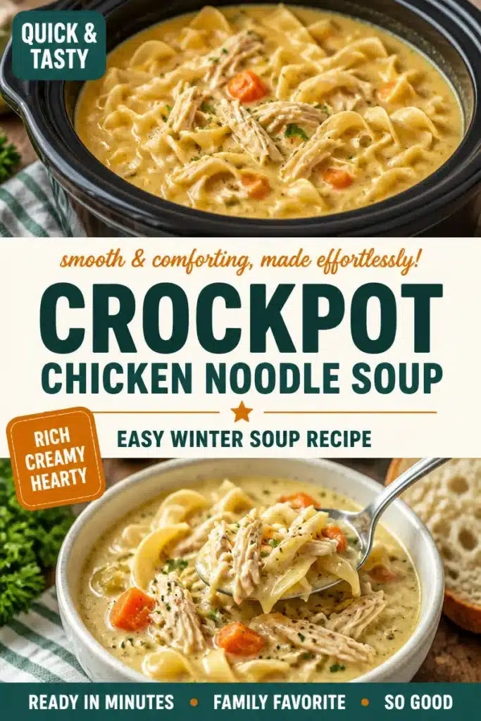Bowl of easy crockpot creamy chicken noodle soup with fresh herbs and noodles
