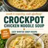 Bowl of easy crockpot creamy chicken noodle soup with fresh herbs and noodles