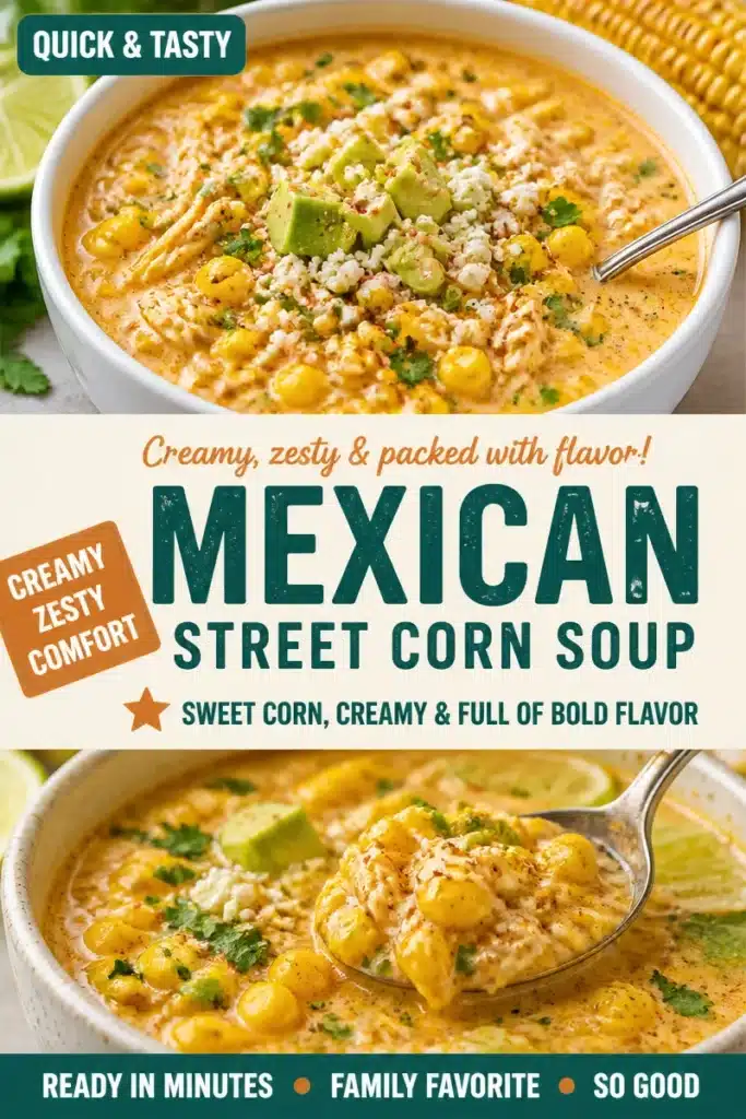 Bowl of Elote-Inspired Mexican Street Corn Soup garnished with cilantro and lime